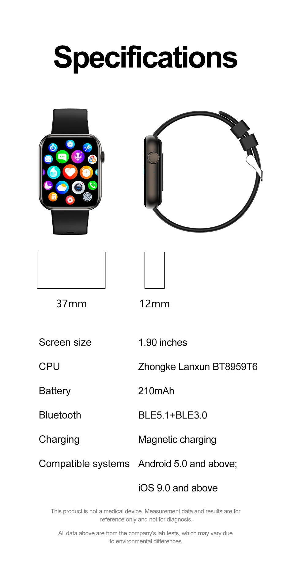 EDONA Smartwatch – 1.9" HD, Bluetooth, IP68